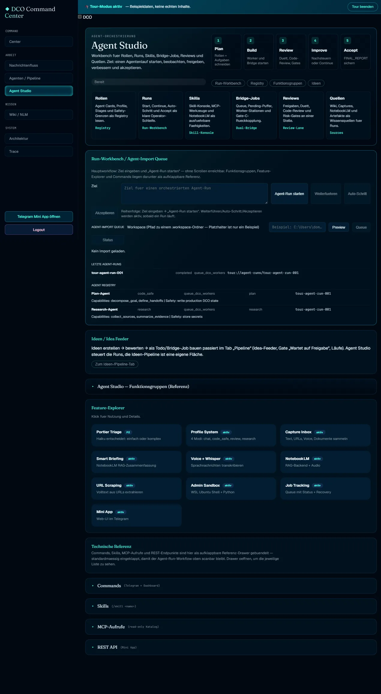 DCO-Dashboard Agent Studio mit Run-Workbench, Feature-Explorer und Referenz (Beispieldaten)