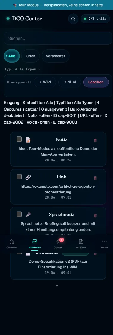 DCO Mini-App Eingang mit Captures und Routing-Aktionen (Beispieldaten)