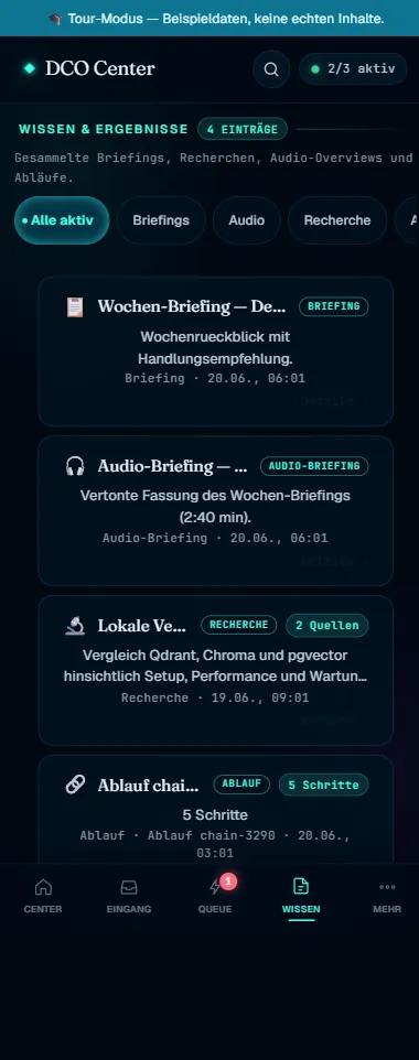 DCO Mini-App Wissen mit Briefings, Audio und Recherchen (Beispieldaten)