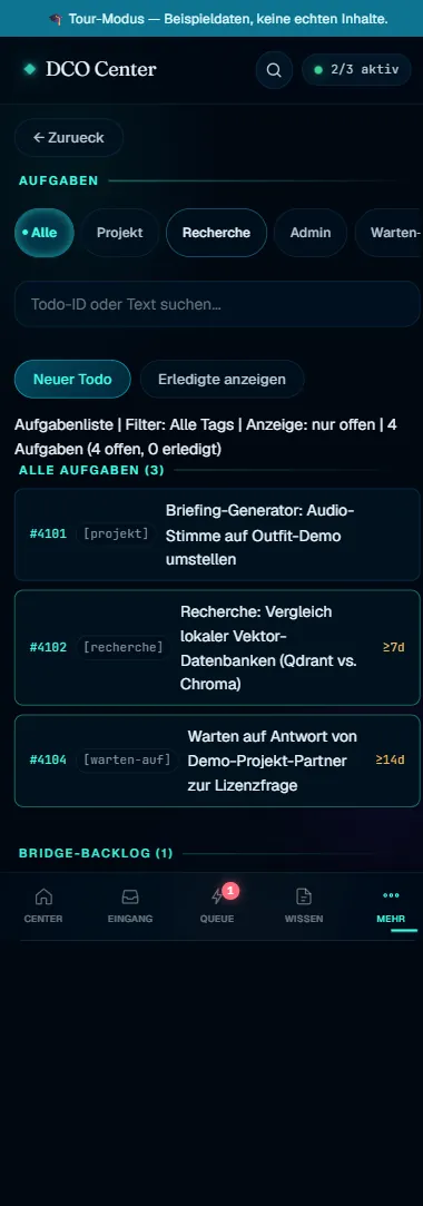 DCO Mini-App Aufgaben mit Tag-Filtern und Todo-Liste (Beispieldaten)