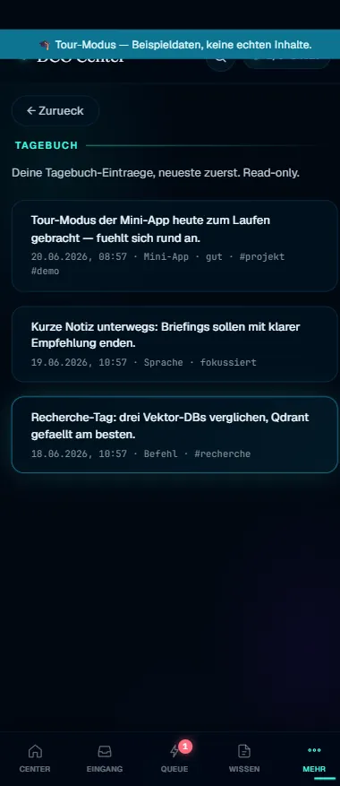 DCO Mini-App Tagebuch mit datierten Einträgen, Mood und Tags (Beispieldaten)