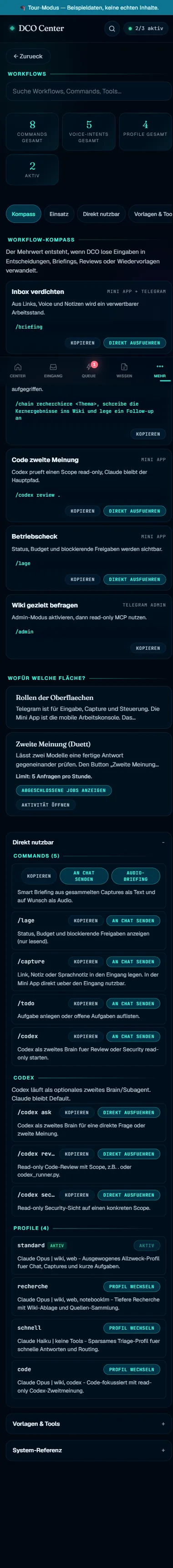 DCO Mini-App Workflows mit Workflow-Kompass und Command-Referenz (Beispieldaten)