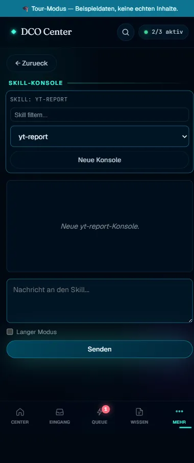 DCO Mini-App Skill-Konsole mit Skill-Auswahl (Beispieldaten)